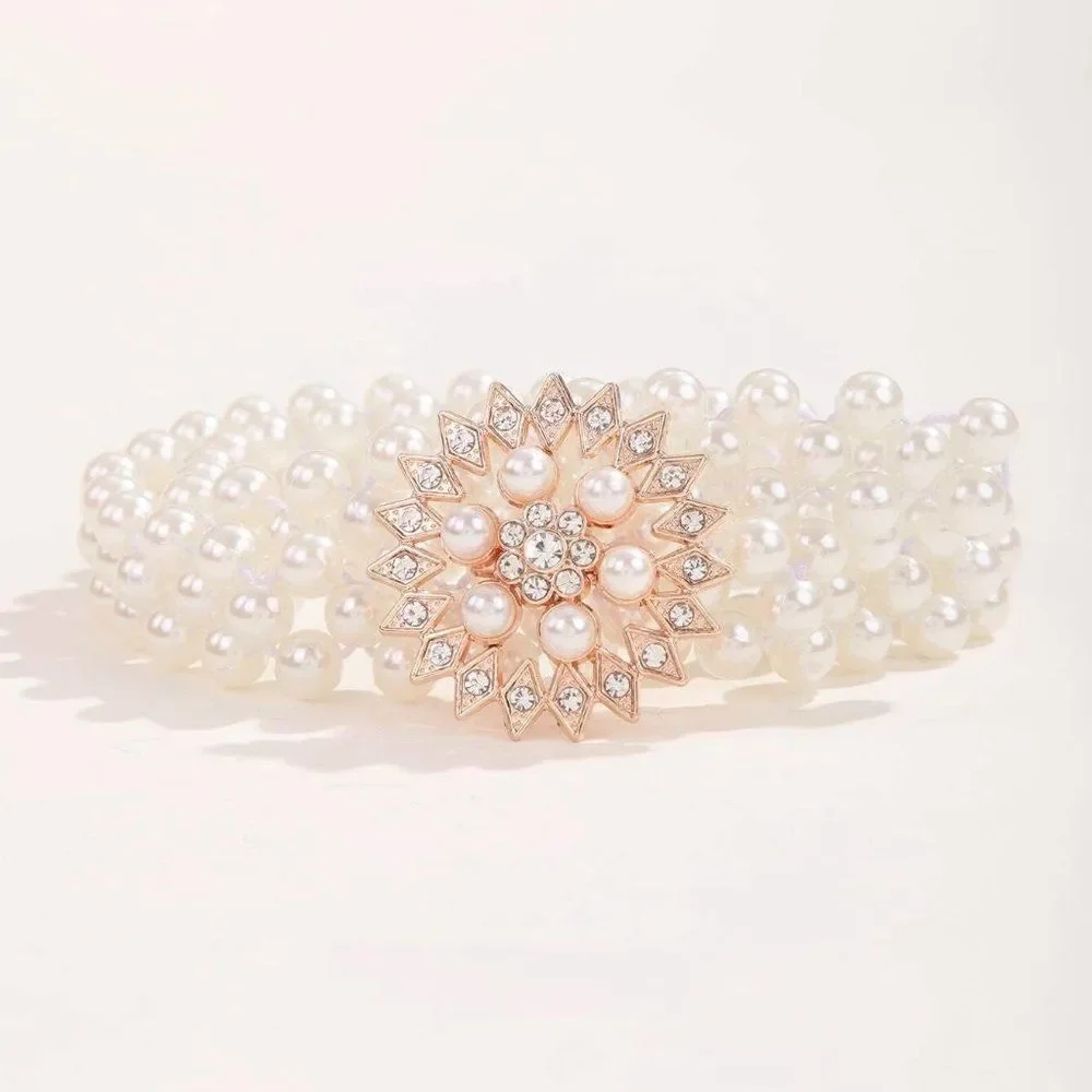 Pearl Rhinestone Decor Elastic Stretchy Belt NEW